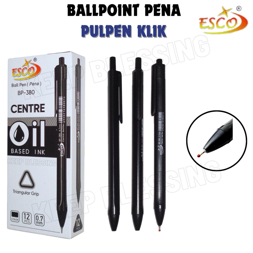 

ESCO BP-380 Pulpen Hitam 0.7mm - Tinta Halus, Grip Nyaman, 12 Pcs/Box - Bodi Segitiga - Bolpen Mekanik - Duta Gemilang