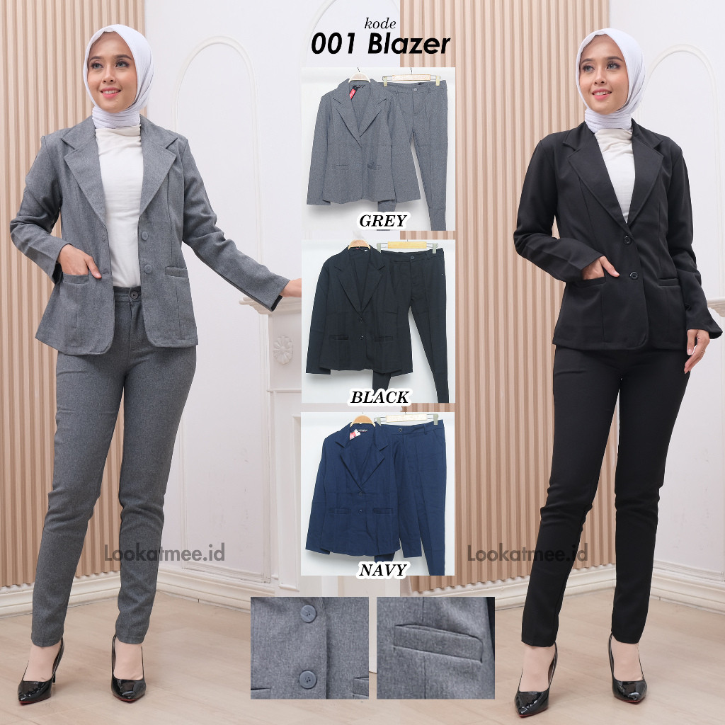 DHOLISHOP.ID Setelan Blazer Eksekutif Wanita 2 Kancing Kantong Depan Dengan Celana Panjang Atau Rok 