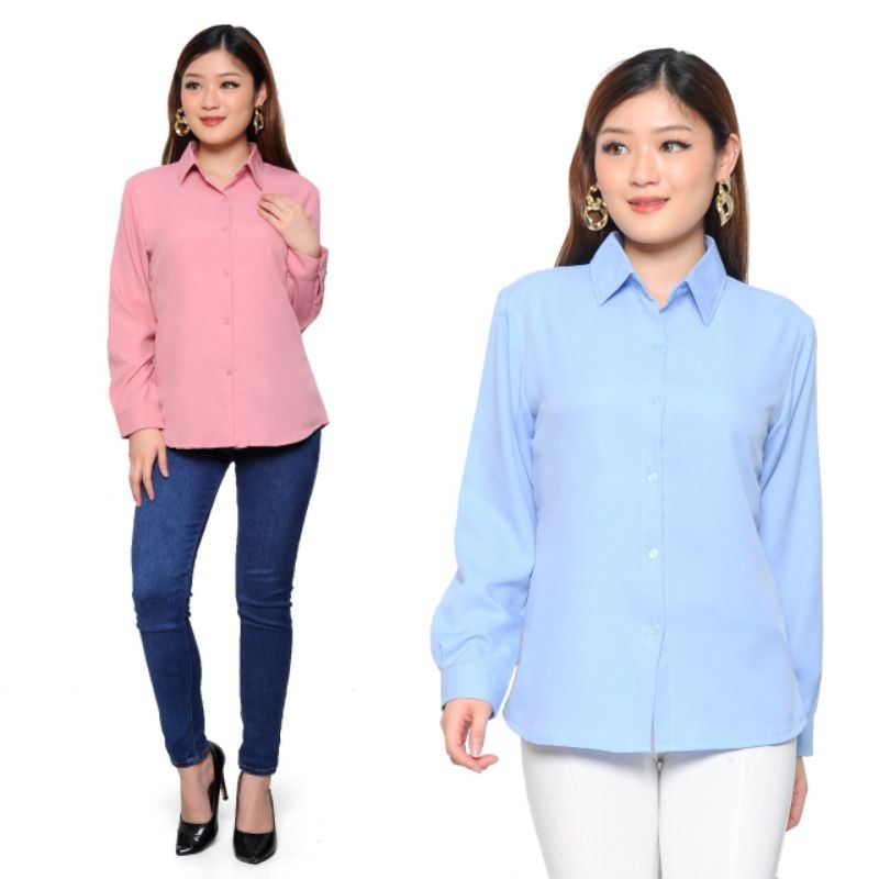 NANTARSHOP Kemeja Formal Kerja Wanita Kantor Putih Hitam Polos Lengan Panjang Atasan Kemeja Blouse P