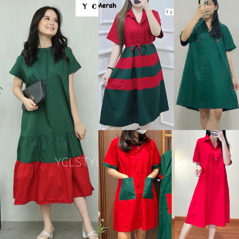 NANTARSHOP RUFFLE MIDI DRESS EDISI NATAL - MIDI DRESS EMERALD MERAH