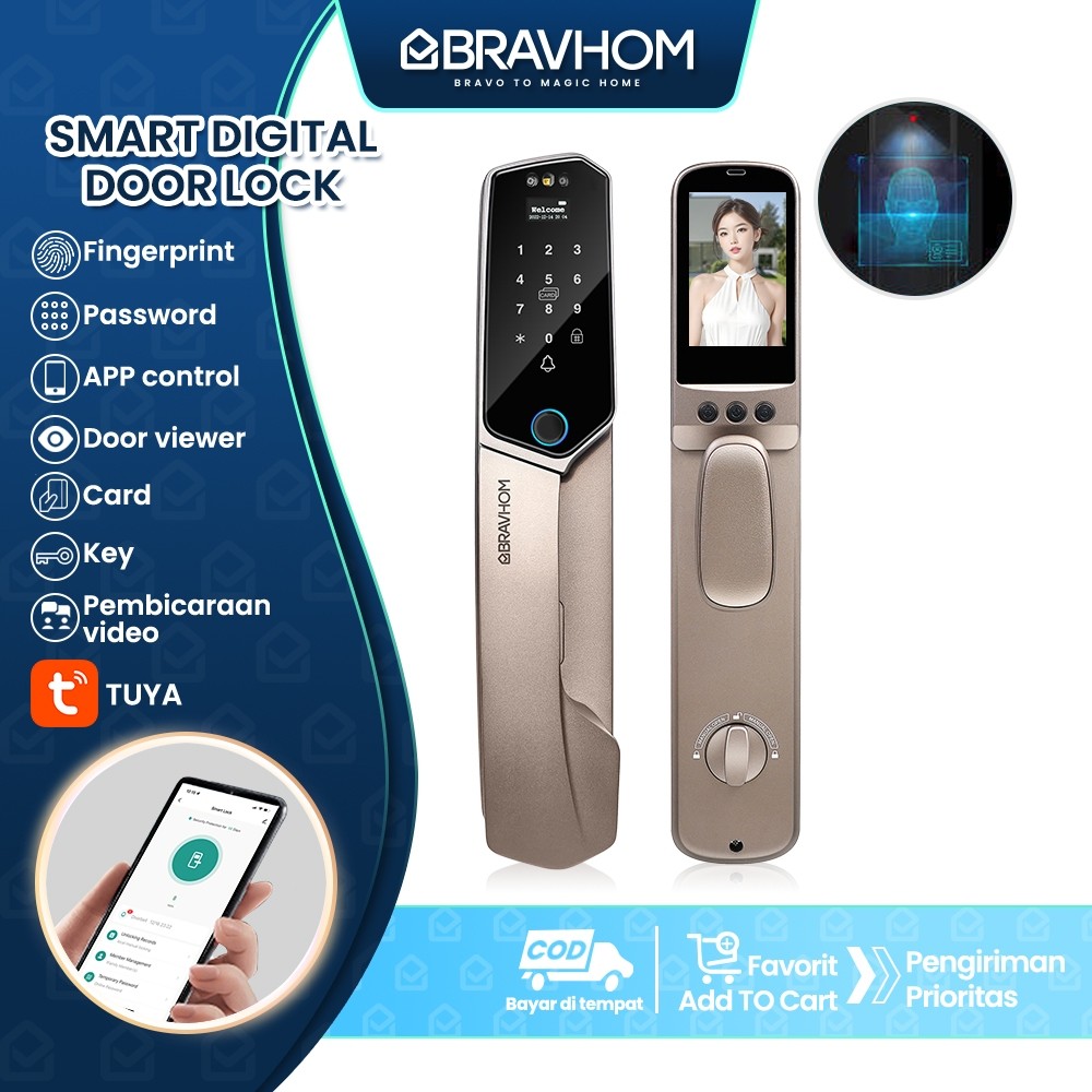 BRAVHOM Kunci pintu digital kunci pintar Smart Door automatic dengan TUYA Kontrol kunci digital kunc