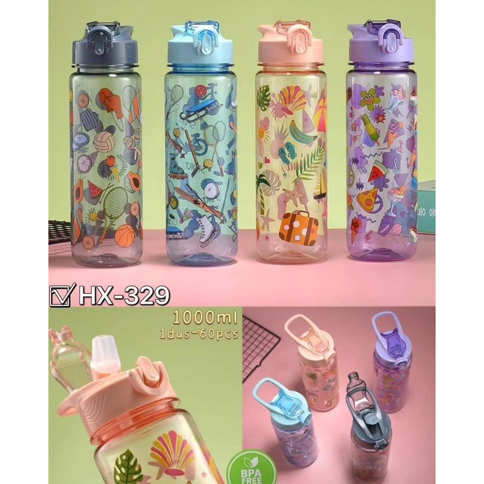 (CCK STORE)  botol 329 / botol minum HX 329 / botol minum 1 liter / botol Minum 1 Liter Bening Motif