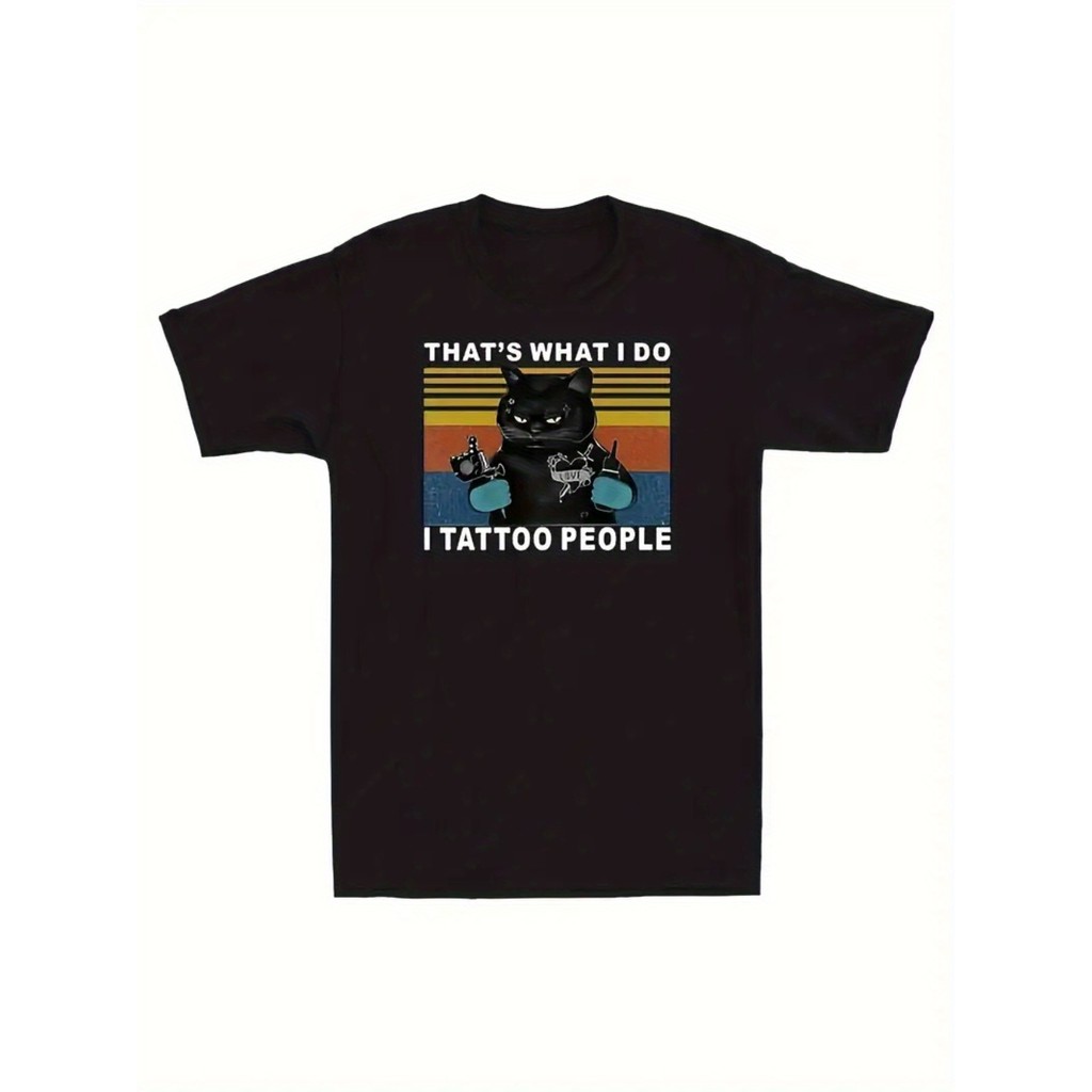 Kaos Hitam Katun Pria Wanita Gambar Kucing Tato Tulisan I Tattoo People, Desain Keren Retro, Bahan A