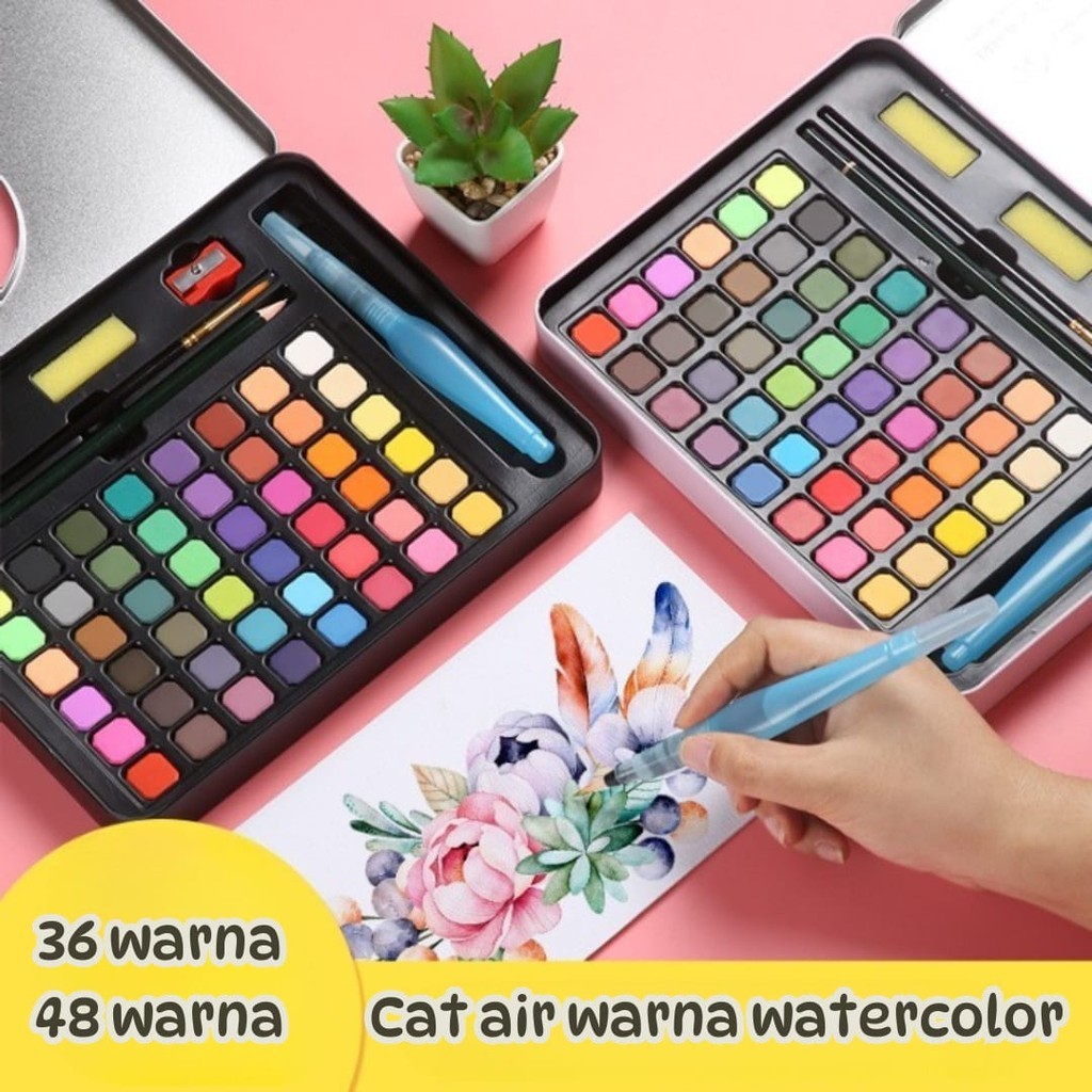 

azamtea2STORE( OTH1228 ) Cat air 36/48 warna watercolor set alat cat air watercolour water color melukis alat lukis solid - black hitam pink merah muda