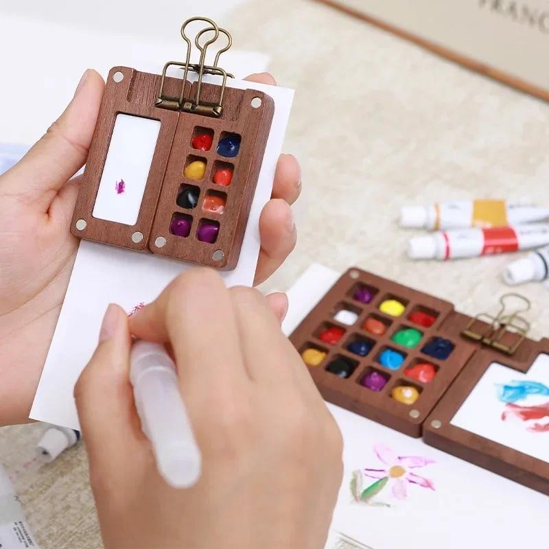 

Portable Travel Painting Set Wooden Watercolor Mini Paint Tray Palettes Sketchbook Brush Drawing Student Outing Art Supplies
