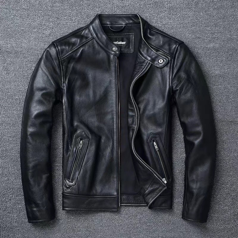 Men Cafe Racer Jackets Black Vintage Motorcycle Jacket  Retro Stand Collar Motorbiker Cowhide Leathe