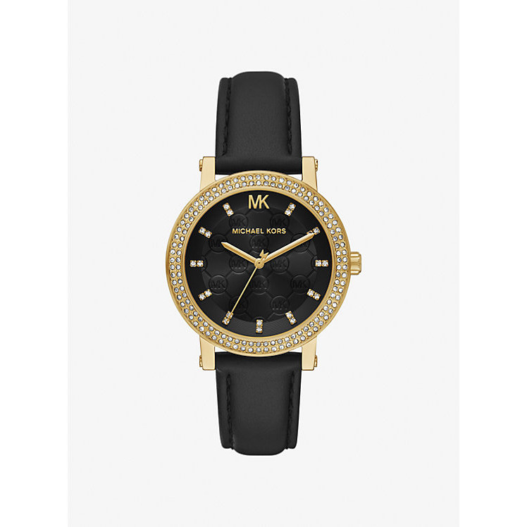 Michael Kors Corey Black Leather Jam Tangan Wanita 22MM MK4896