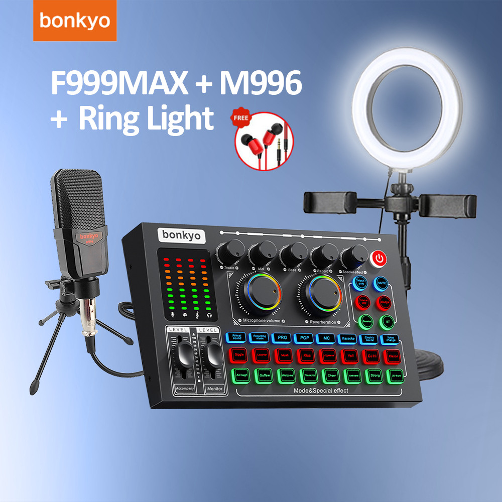 Bonkyo Sound card F999MAX + mikrofon tripod M996 + lampu isi cahaya kecantikan satu set peralatan le