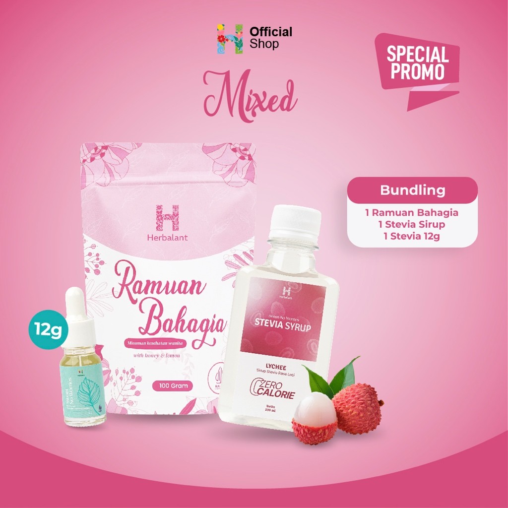 

Herbalant [PAKET LENGKAP: Ramuan Bahagia + Stevia Sweet No Worries (12gr) + Syrup Stevia Rasa Lychee]