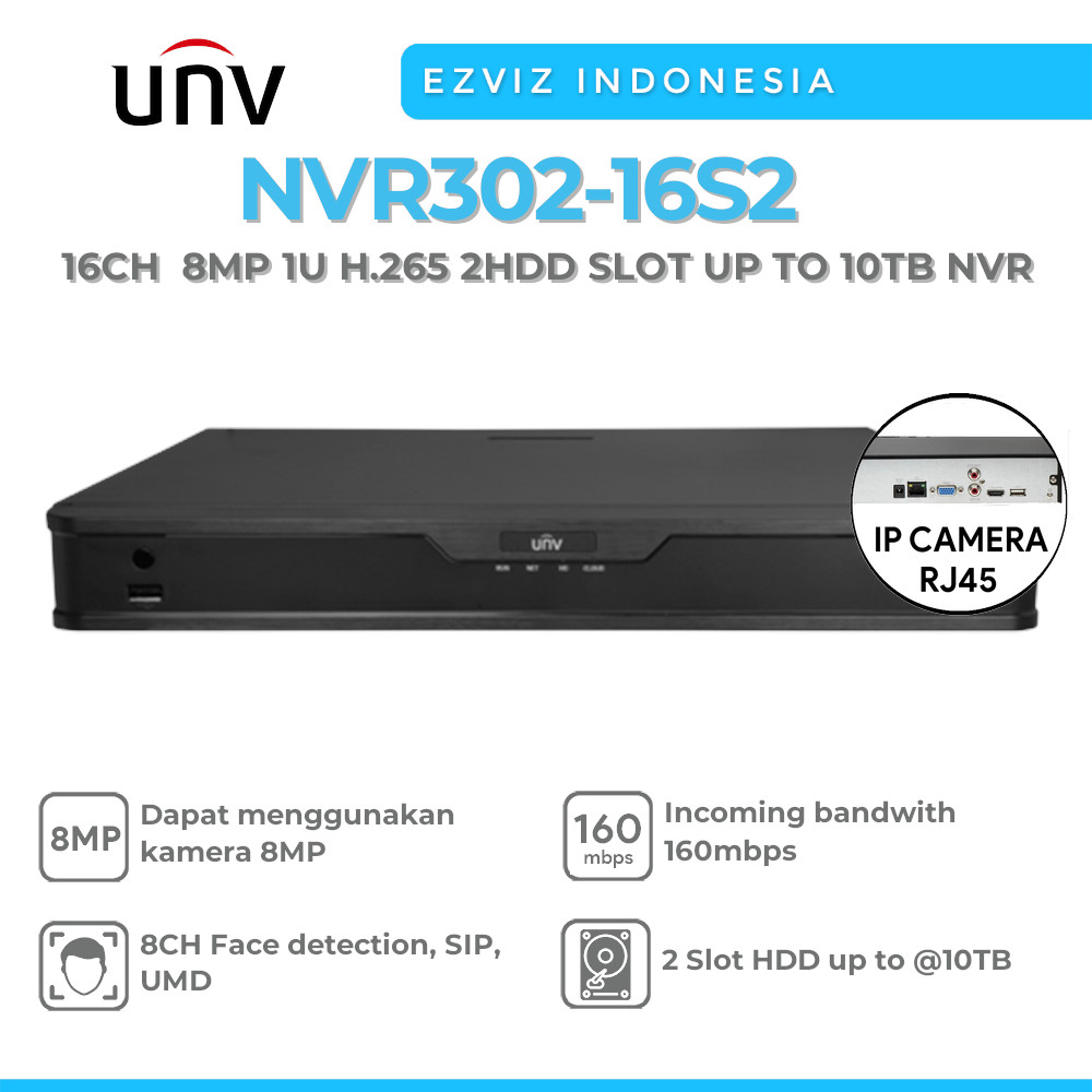 UNV NVR302-16S2 UNIVIEW 16CH 8MP 1U H.265 2HDD SLOT UP TO 10TB NVR