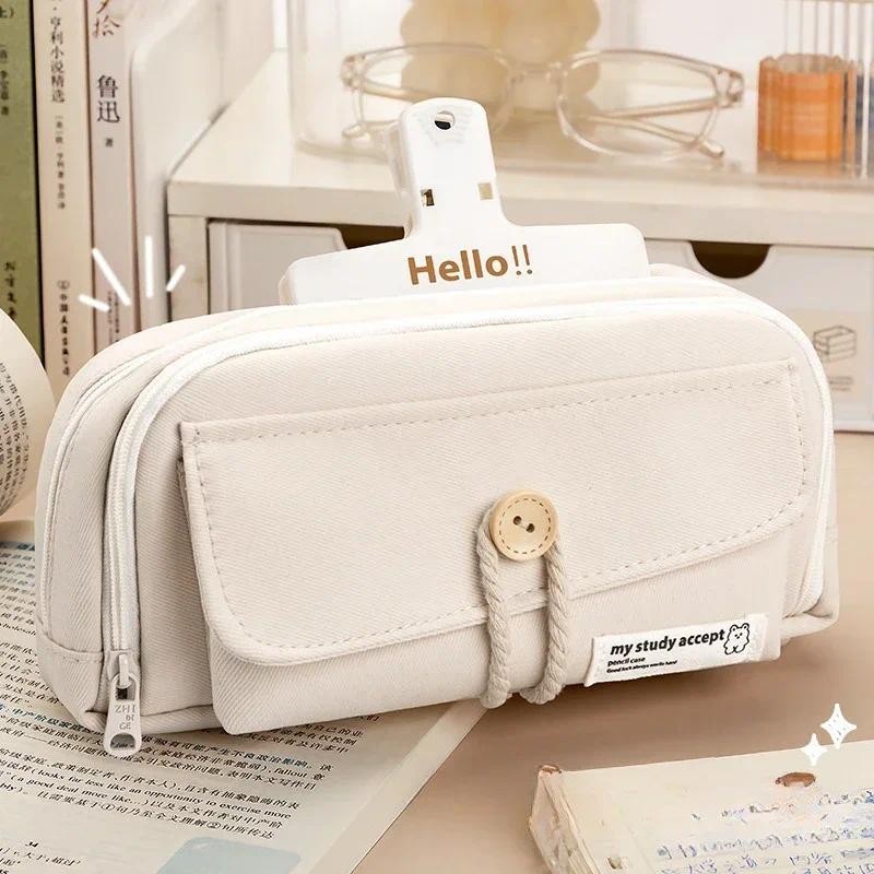 

Fashionable Pencil Cases Solid Color Canvas Pencil Cases with Cartoon Brooch Student Teacher Stationery Bag