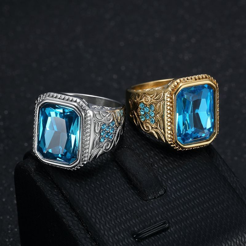 Cincin Pernikahan Pertunangan Pria Mewah Aquamarine Emas Titanium Baja Berlian Kristal Punk Fashion 