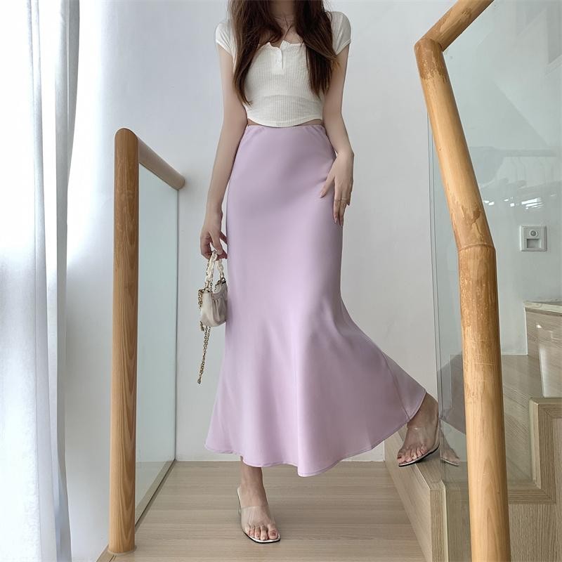 #8807 Rok Fishtail Satin Asetat Ungu Rok Pelukan Pinggul Kerut A-line Drapey Pinggang Tinggi Panjang