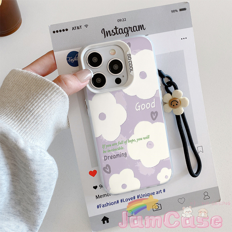 case iPhone 15 Bunga dengan tali tangan Casing ponsel cocok untuk iPhone 11 11PROMAXSoftcase Macaron