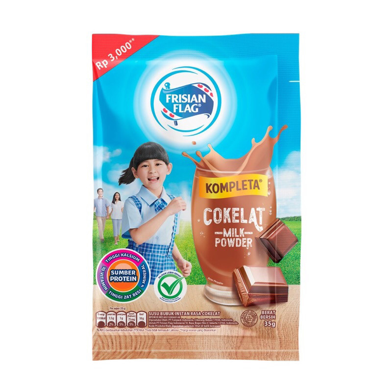 

Susu Bubuk Frisian Flag KOMPLETA Rasa coklat dan Vanila RENCENG { isi 10 sachet )