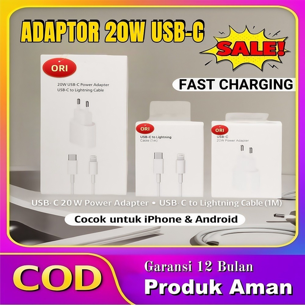 Adaptor Charger 20W + Kabel Fast Charging Lightning Cas iPhone | Support iPhone X/11/12/13/14/15 Ser