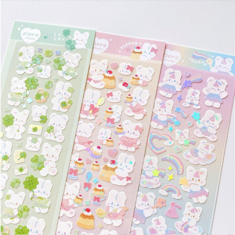 

Cute Cartoon Four Leaf Clover Pudding Rainbow Rabbit Stickers Kawaii Scrapbook DIY Materials Student Stationery School Supplies