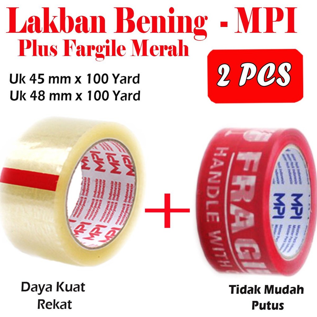 

Lakban Bening Uk 45 x 100 Yard + Lakban Fragile Merah Uk 48 x 100 Yard