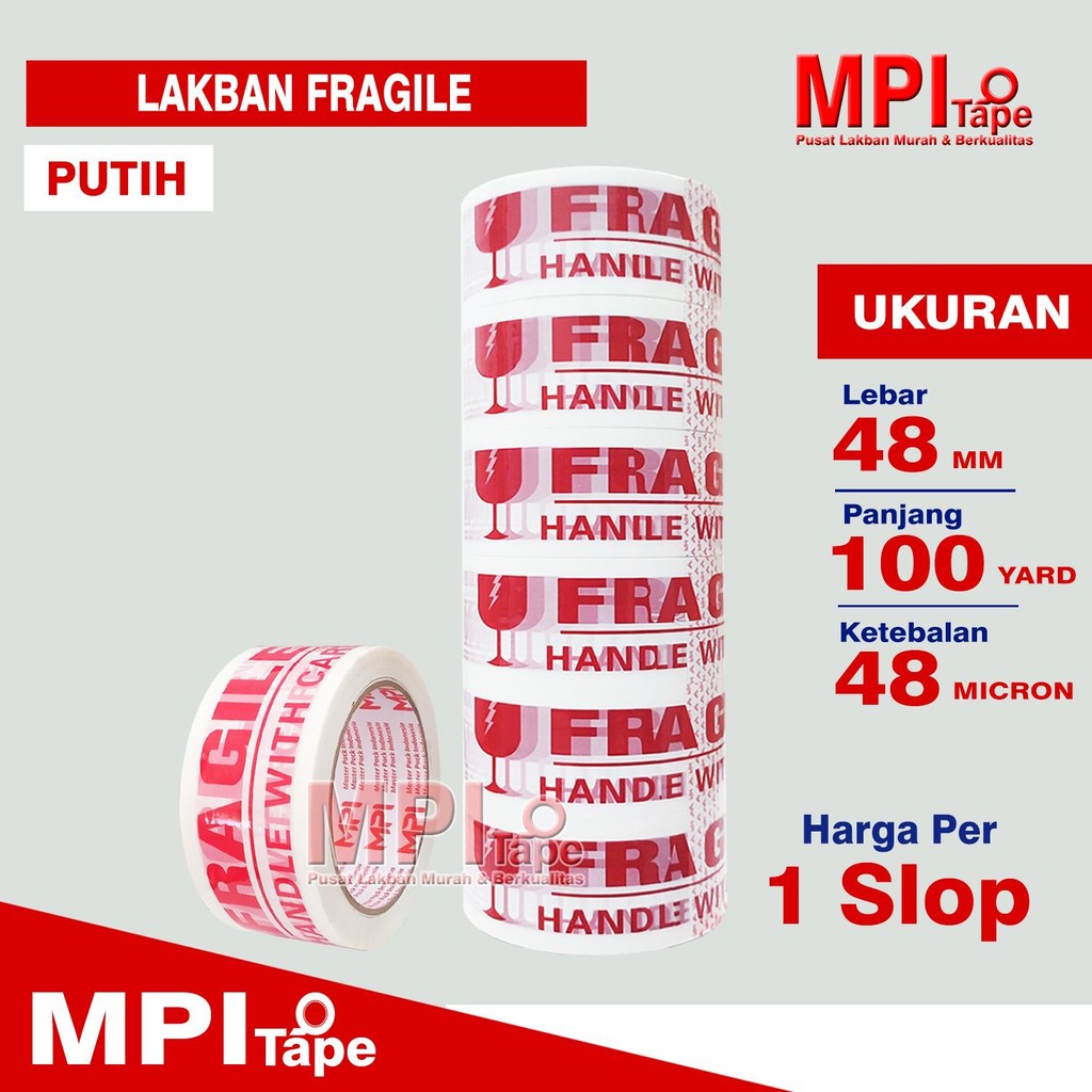 

1 Slop / 6 Pcs - Lakban Fragile Putih 48 mm x 100 Yard - Lakban Jangan Di Banting - MPI