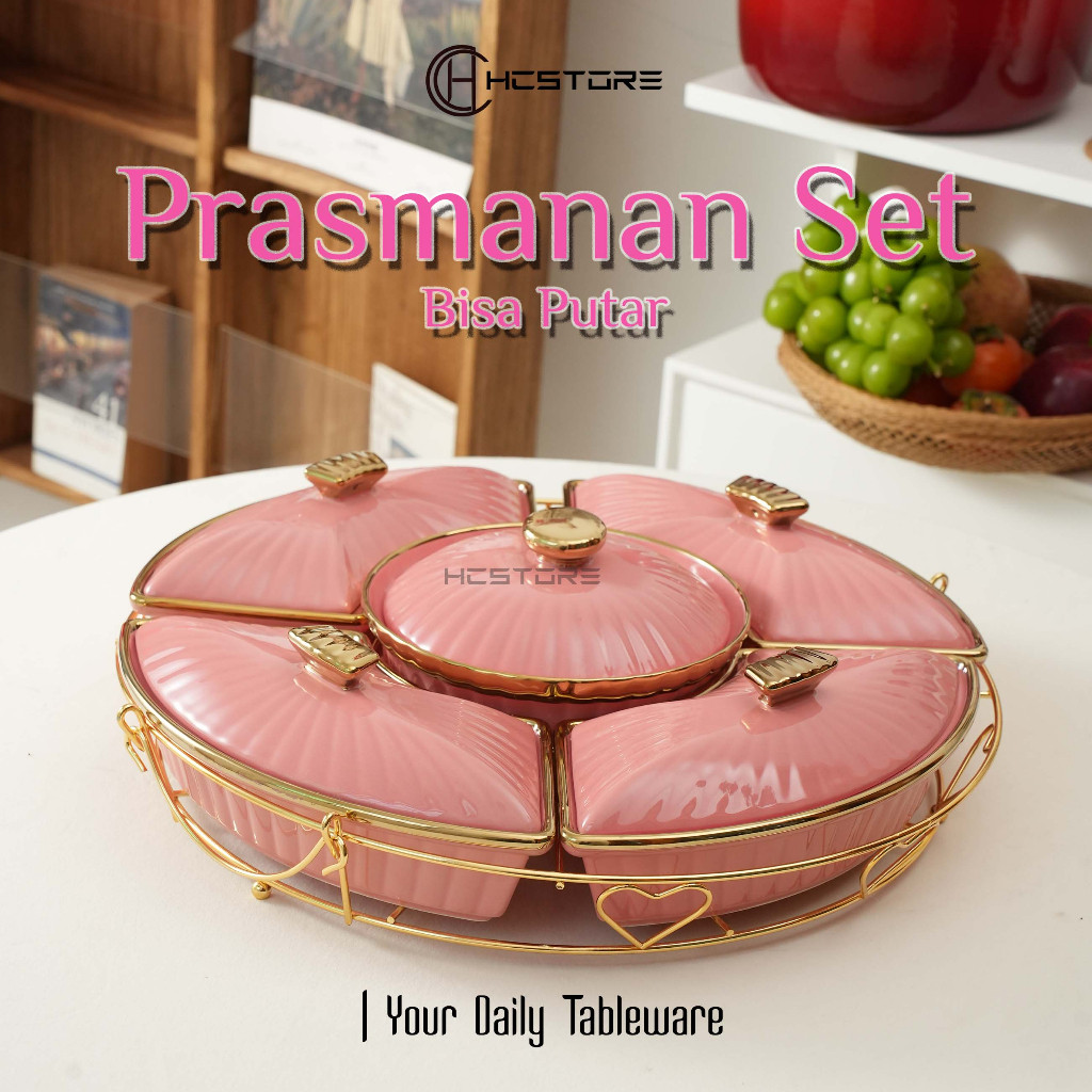 Set Prasmanan Besar Putar Keramik isi 5 item dengan Rak Gold Mewah Anti Luntur Anti Rontok