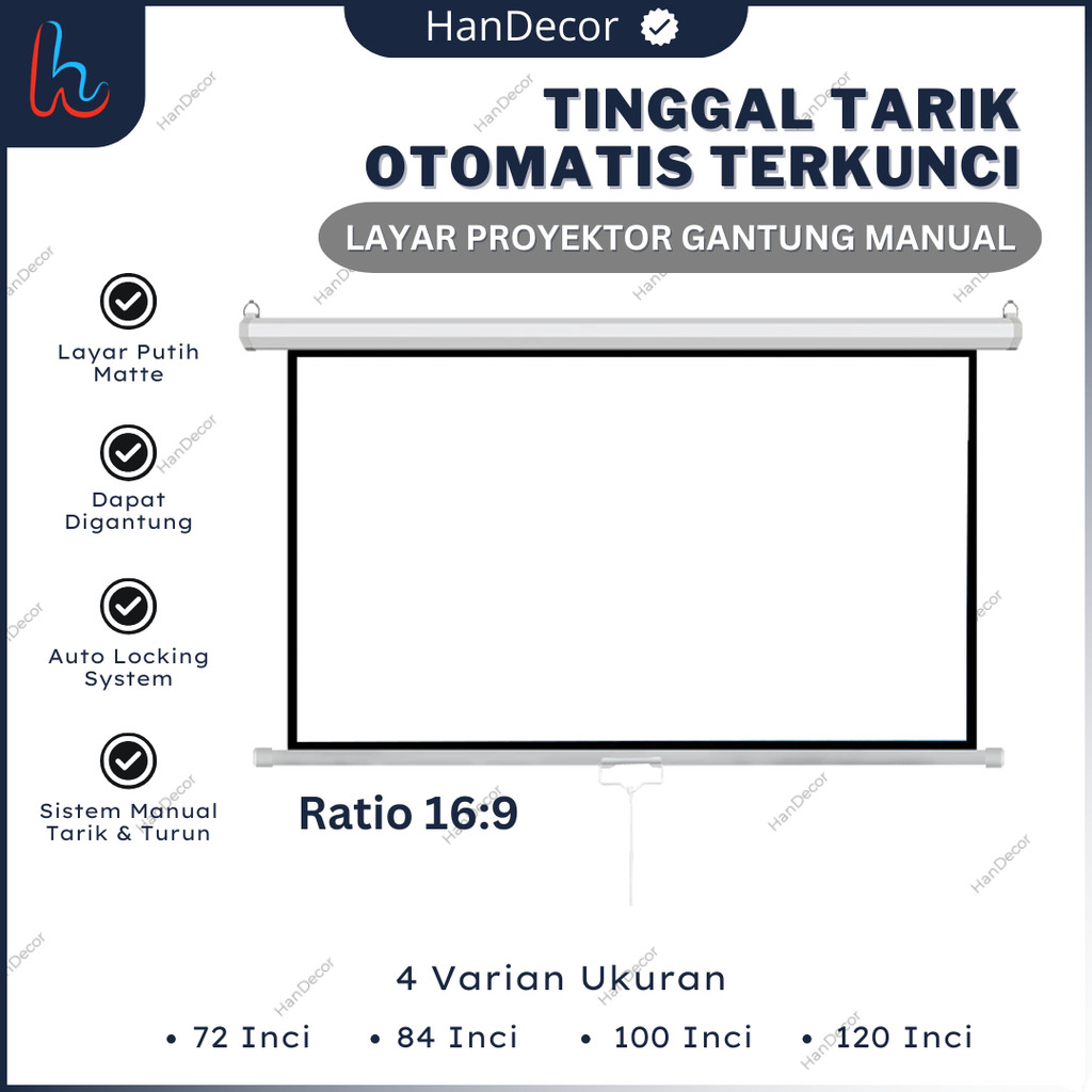 LAYAR PROYEKTOR GANTUNG GULUNG OTOMATIS 72 84 100 120 INCH 16:9 | SCREEN PROYEKTOR GANTUNG WITH AUTO