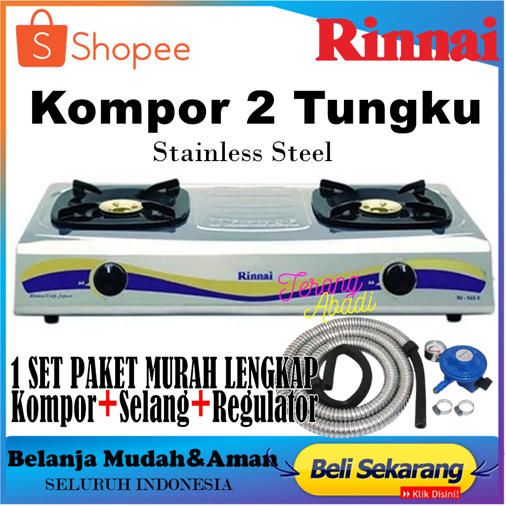 Rinnai Kompor Gas 2 Tungku - RI522E+Selang+Regulator SNI RI-522E | RI 522E Kompor Gas Rinnai Ri-522E