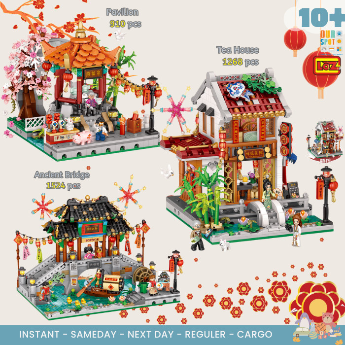 LOZ Old street 1923 Pavillion , 1924 Ancient Bridge - LOZ street ideas - Mini brick - Puzzle Block B