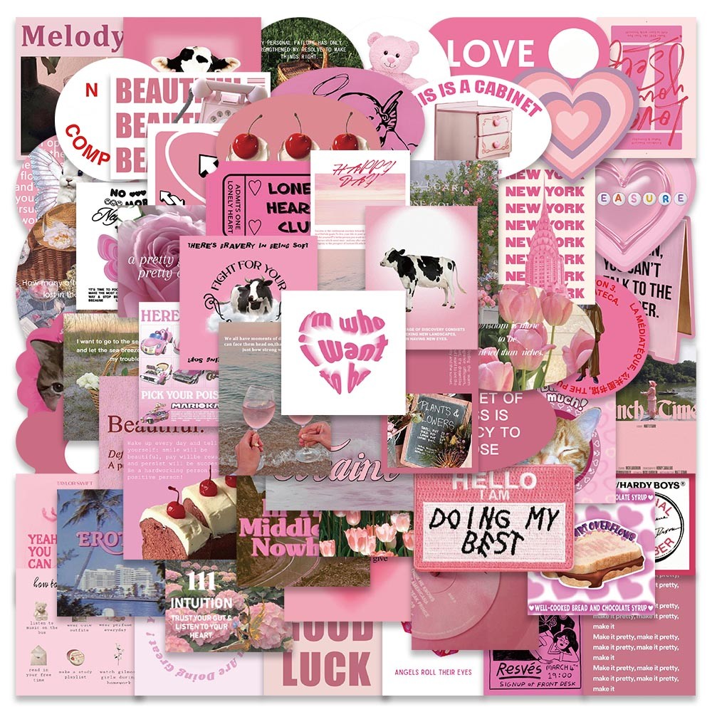 

56pcs Pink Korean Ins Style Stickers Aesthetic Phone Motorcycle Travel Luggage Guitar Skateboard Bottle Waterproof Sticker