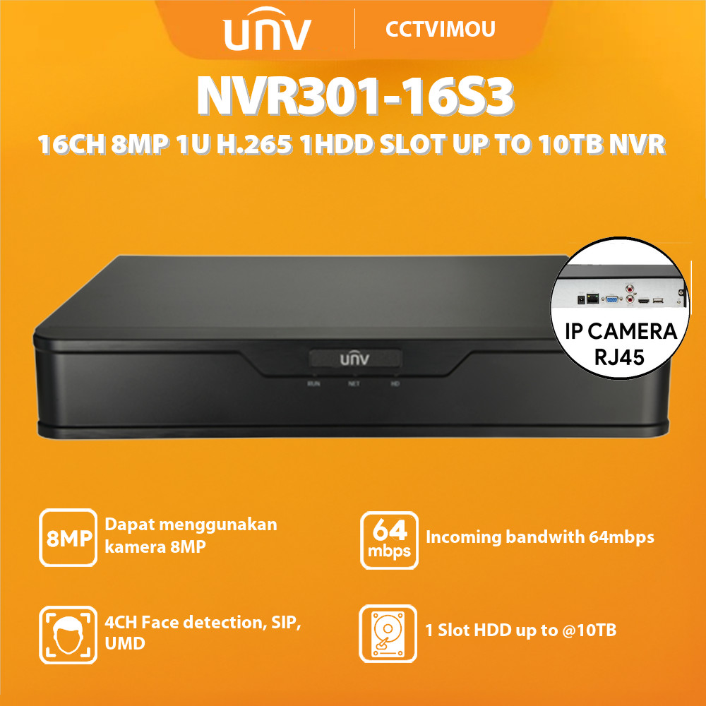 UNV NVR301-16S3 UNIVIEW 16CH 8MP 1U H.265 1HDD SLOT UP TO 10TB NVR