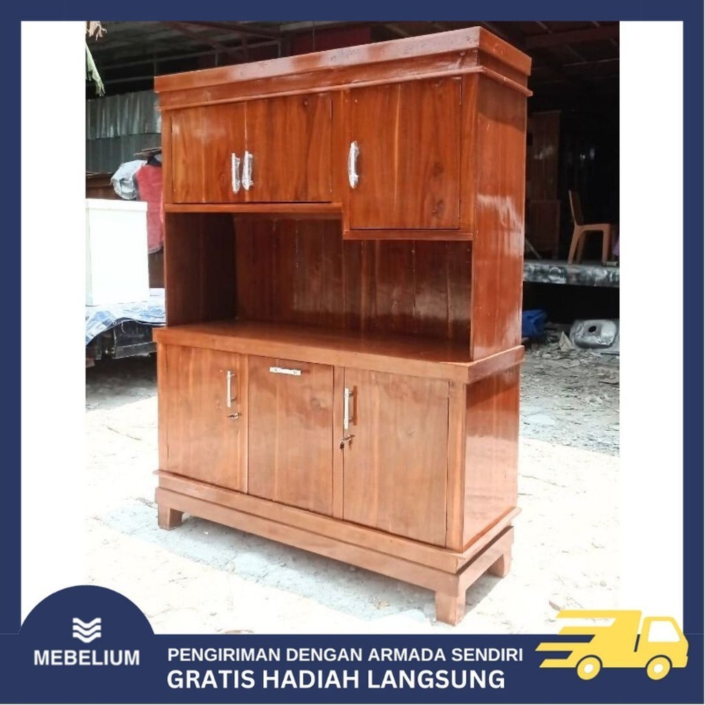 Kabinet Rak Dapur Kayu Jati 3 Pintu | Lemari Dapur Rak Piring Kitchen Set | Lemari Sayur Jati Serbag