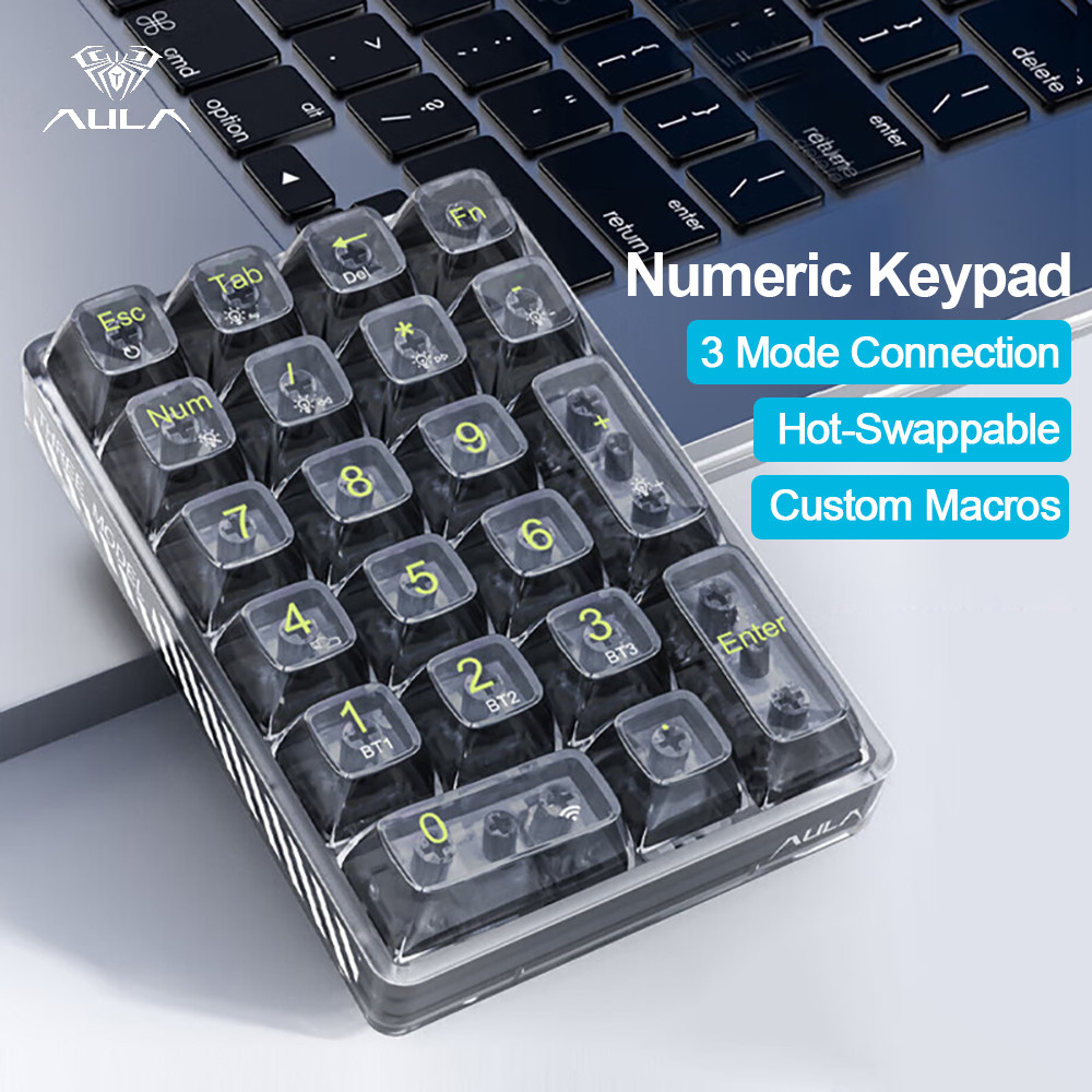 AULA Wireless Numeric Keypad White Backlight Transparent Numeric Keyboard 21 Key Bluetooth Wireless 