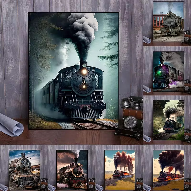 

Vintage Railroad Retro Railway Steam Train Locomotive Landscape Art Poster Canvas Painting Wall Prints Picture Room Home Decor