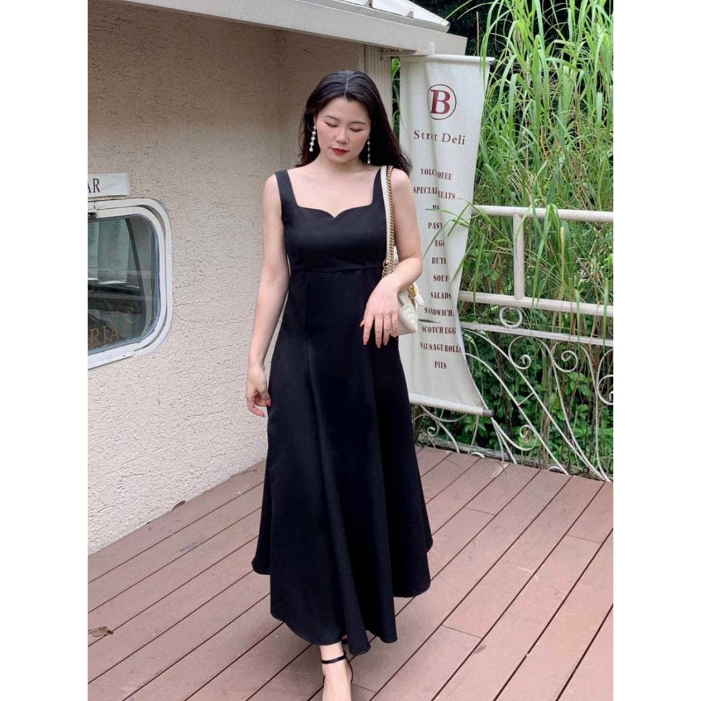 Aroana dress jumbo hitam rok panjang big size LD 130 160 gaun tanpa lengan