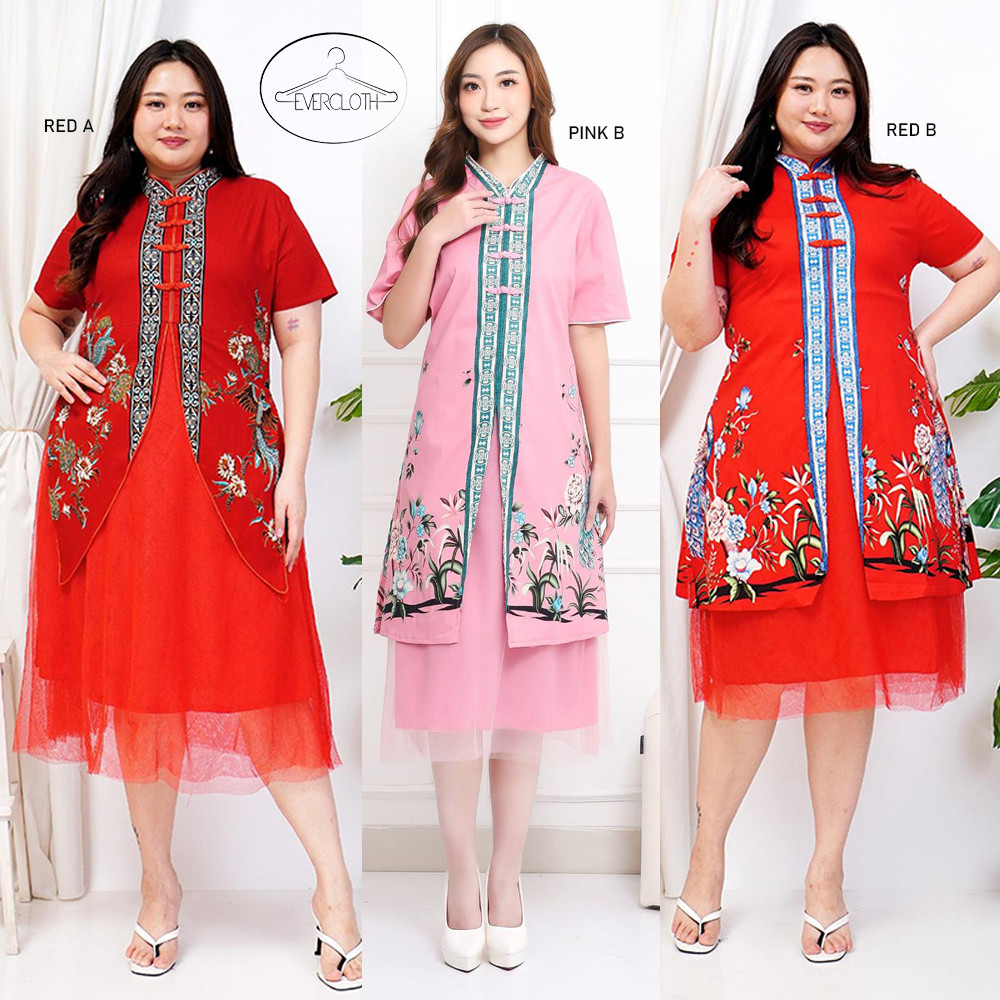 Evercloth Hao Jumbo Cheongsam Dress Batik Modern Qipao Couple Sarimbit Merah CNY Congsam Imlek Natal