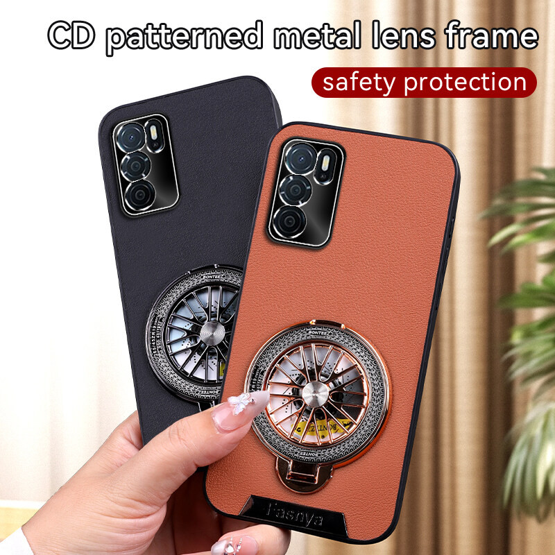 For OPPO A16 A16s case Faux Leather Metal Gyroscope Bracket Holder stand 360 Swivel Back cover Phone