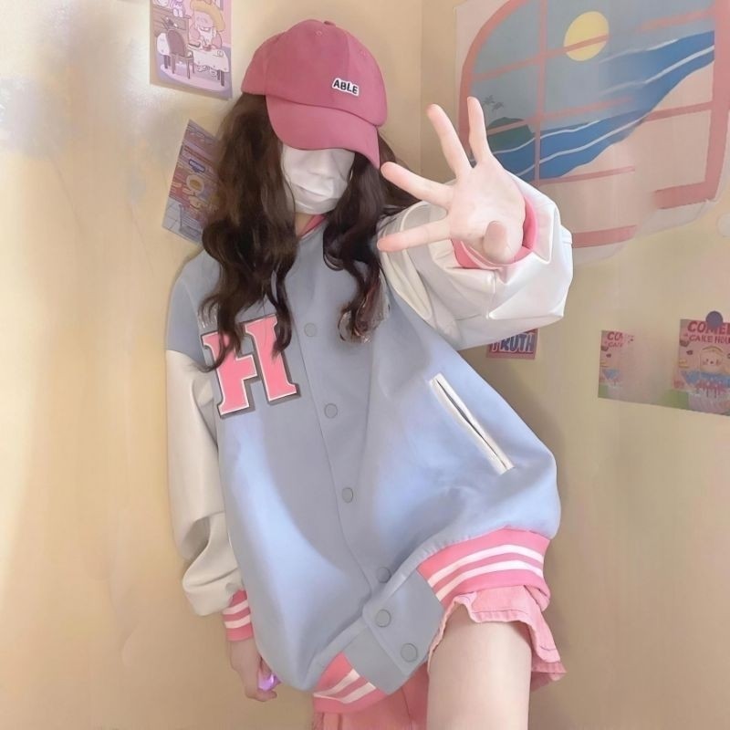 Jacket Girl Oversize Hip Hop Wanita Jumbo Mix Kombinasi Warna Two Three Tone Pastel Soft Color Jaket