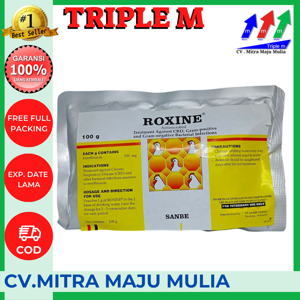 Roxine 100 gram Serbuk Antibiotik Ayam Broiler Layer CRD Collibasilosis dll PT Sanbe Farma 3M