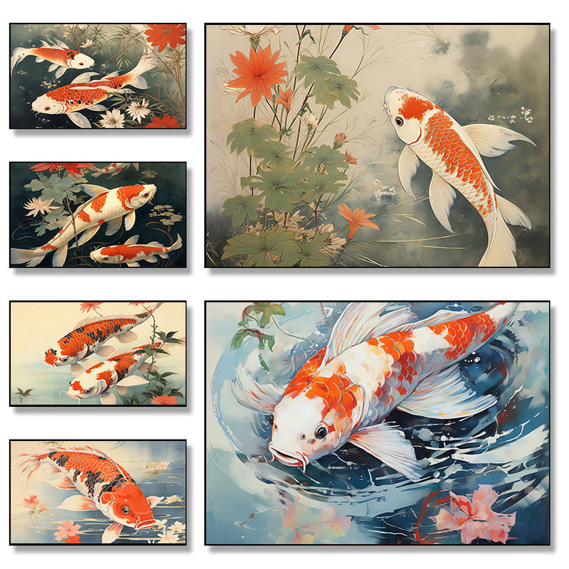 

Japanese Good Luck Red Koi Fish Classic Landscape Poster Print Wall Art Pictures Canvas Painting Room Bedroom Home Decor Gift