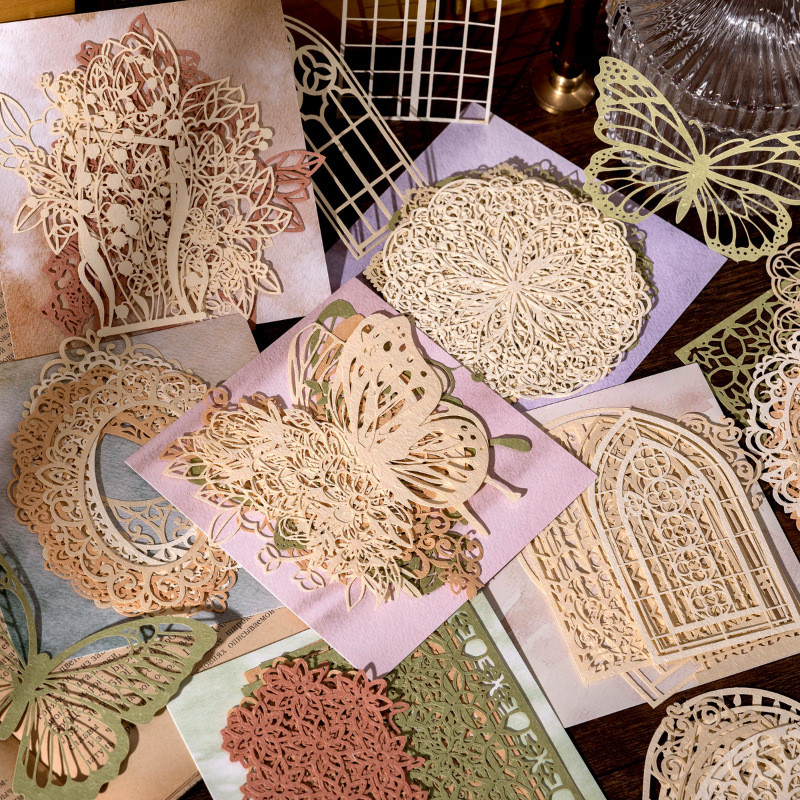 

10pcs Lace Lovesong Series Material Paper Vintage Flower Window Openwork Background Paper Decorative Diary Junk Journal Planner