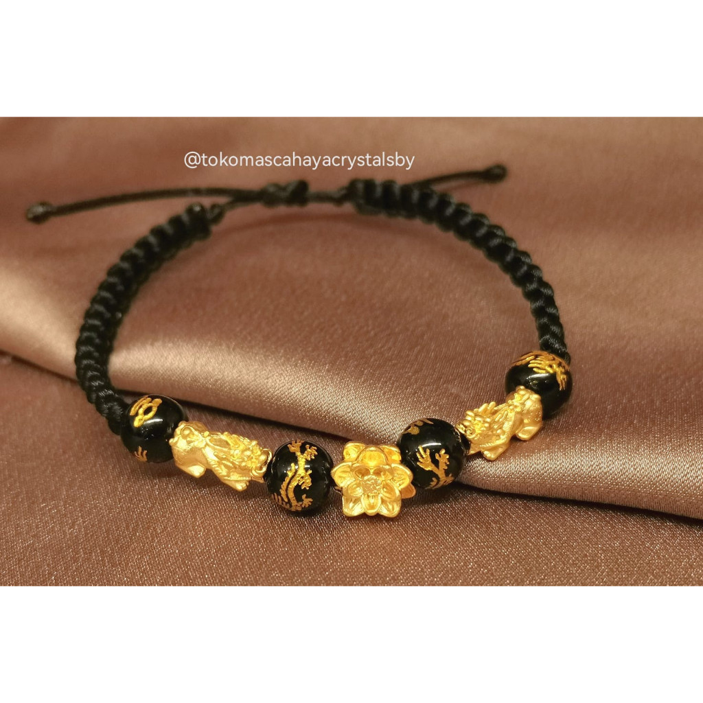 Gelang Tali Emas Charm 2 Naga / Pixiu / Dragon & Teratai 24k HK Hongkong 999%-Gold Bracelet