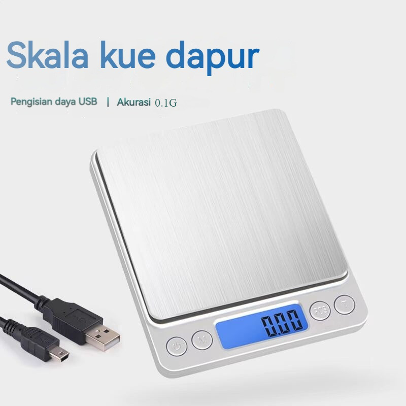 3kg/0.1g Kitchen Timbangan Elektronik Kecil  Pengisian Daya USB  Timbangan Dapur Digital Silver Hita