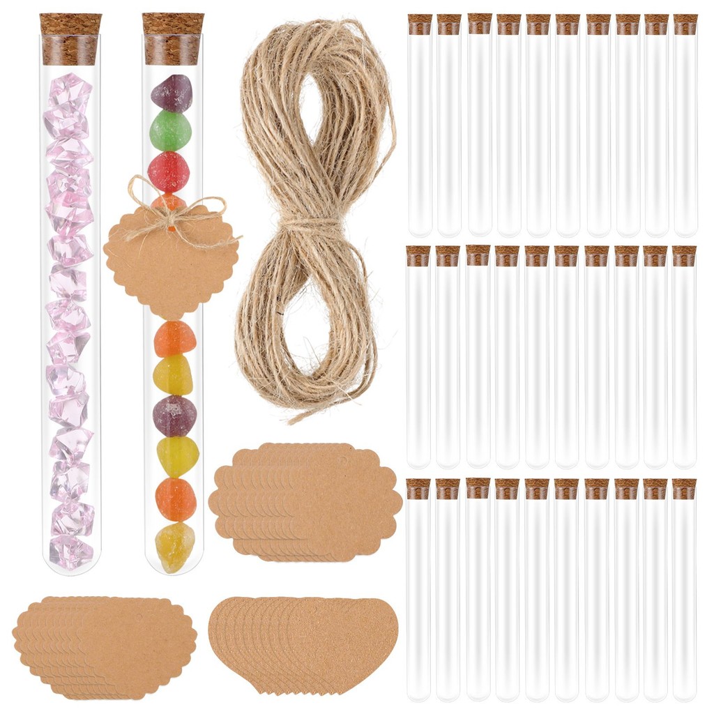 

30pcs Plastic Test Tube Set Clear Craft Diy Cork Stoppers Rope Labels Sealed State Jewelry Artwork Vial Kit