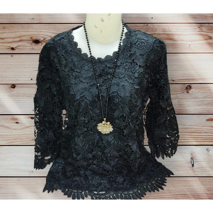 D 328 atasan wanita lengan panjang / blus brukat / blouse brokat terbaru kekinian jumbo - hitam, XL
