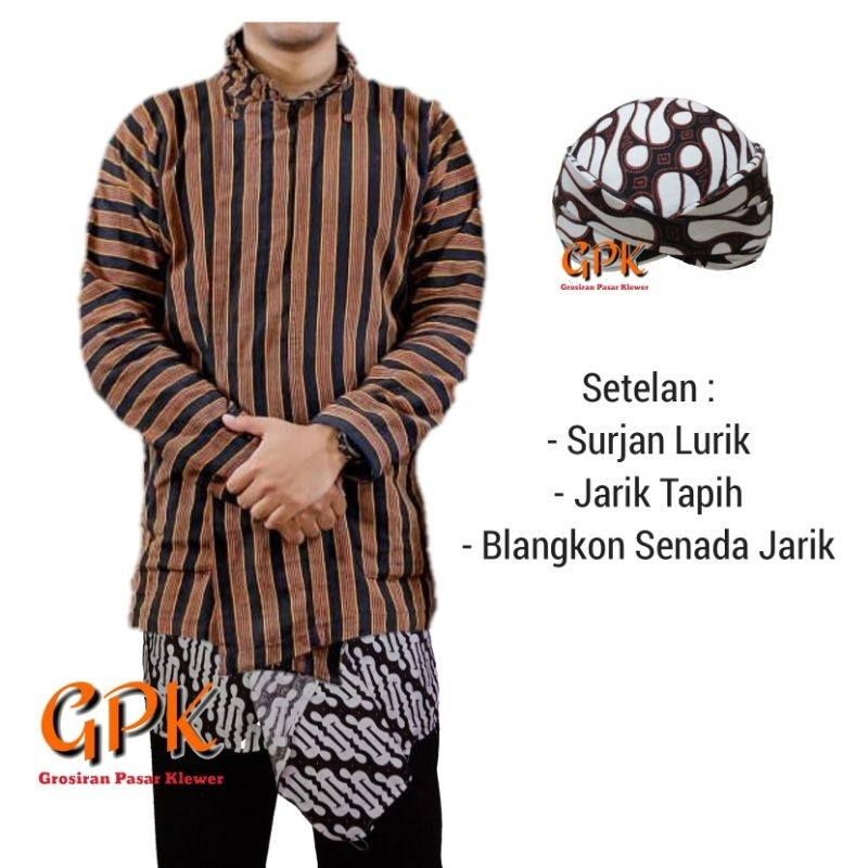 [PREMIUM ORIGINAL] Setelan Baju Surjan Lurik Dewasa + Jarik Tapih Sembongan + Blangkon Senada