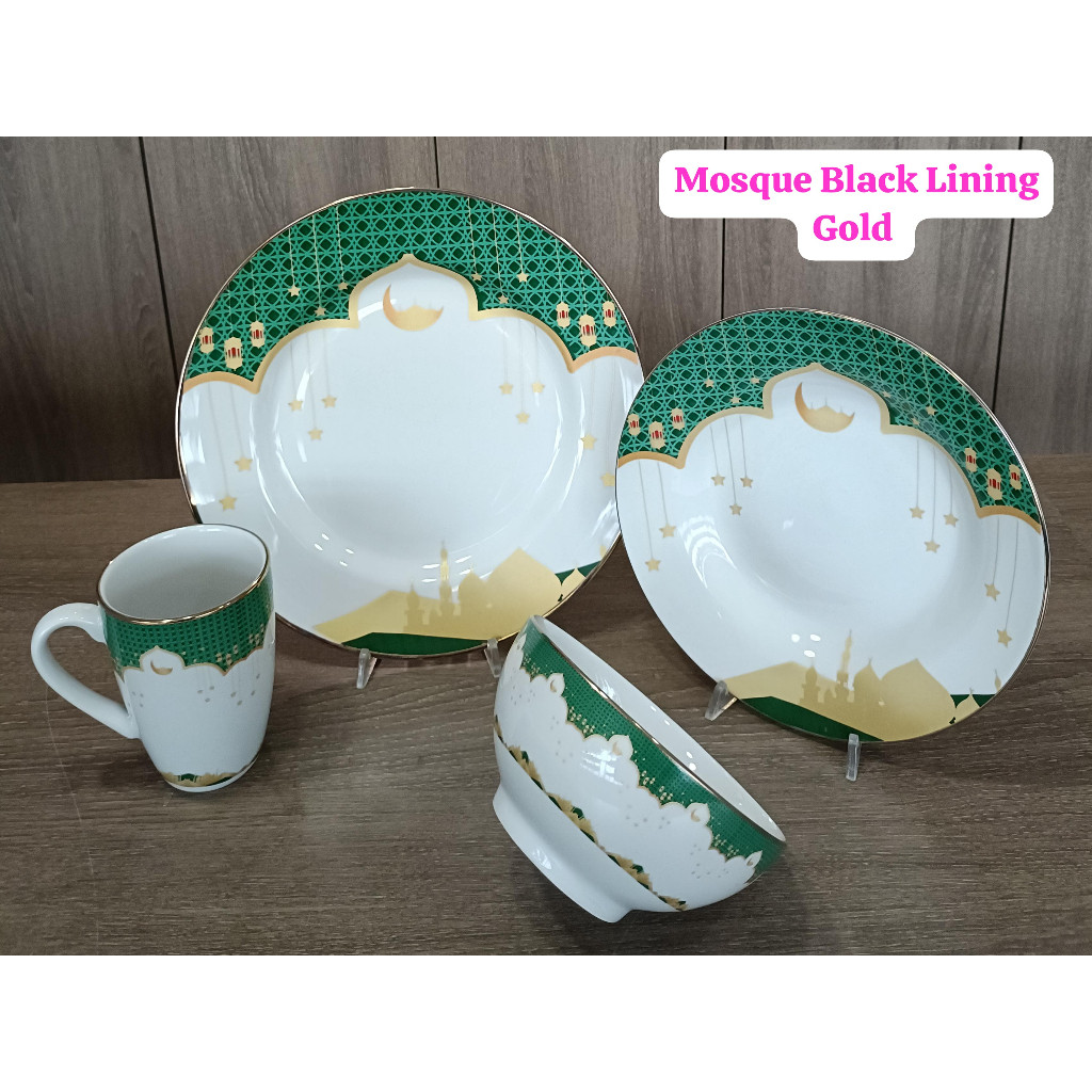 KOPIN Dinner Set Peralatan Makan Piring Mangkok Mug Keramik Hampers Motif Masjid / Lentera Ramadhan 