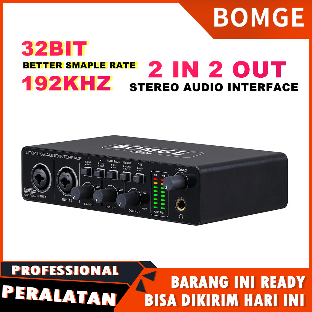 BOMGE U204 Antarmuka Audio USB untuk Komputer PC Merekam Musik, Antarmuka Audio Gitar 2x2 untuk Mac 