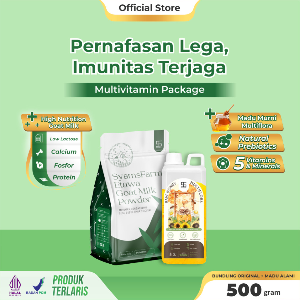 

Ternak Syams - Multivitamin Package | Susu Kambing Etawa Original 500g & Madu Multiflora 1 PCS Tulang Sendi Otot Pernafasan Asma Syaraf Kejepit Osteoporosis Kerapuhan Susu Lansia Radang Pergelangan Sendi Lutut Pinggang Imunitas Tubuh Anti Inflamasi