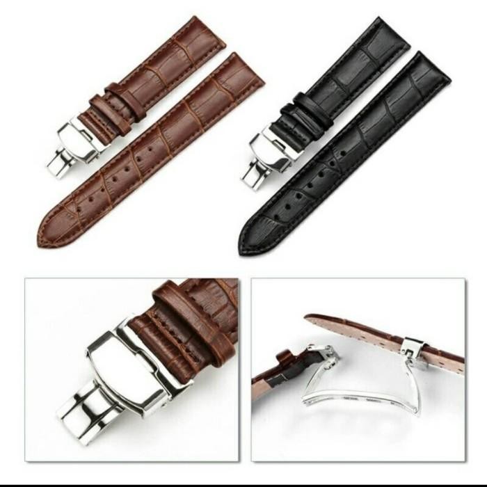 Tali Jam Tangan Kulit 18mm 20mm 22mm 24mm Leather Strap Butterfly Klip - Cokelat, 18mm