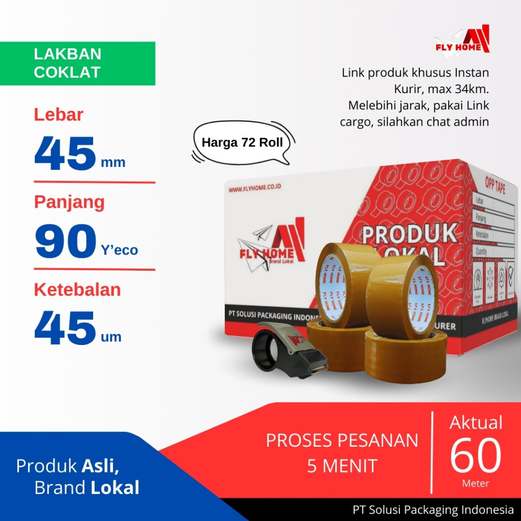 

FLYHOME Lakban coklat 90yard 1 dus 45mm x 90yard 72 roll 90 yard ECO Instan