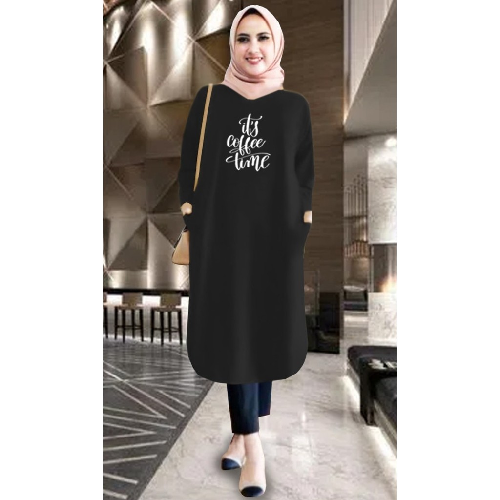 Tunik wanita IT'S COFFE TIME/tunik murah/tunik kekinian/tunik panjang - Hitam, XXL